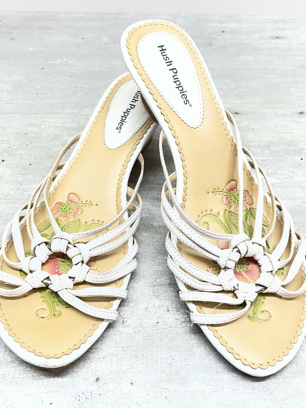 Hush Puppies White Leather Strappy Slide Sandals with Floral Insole‎